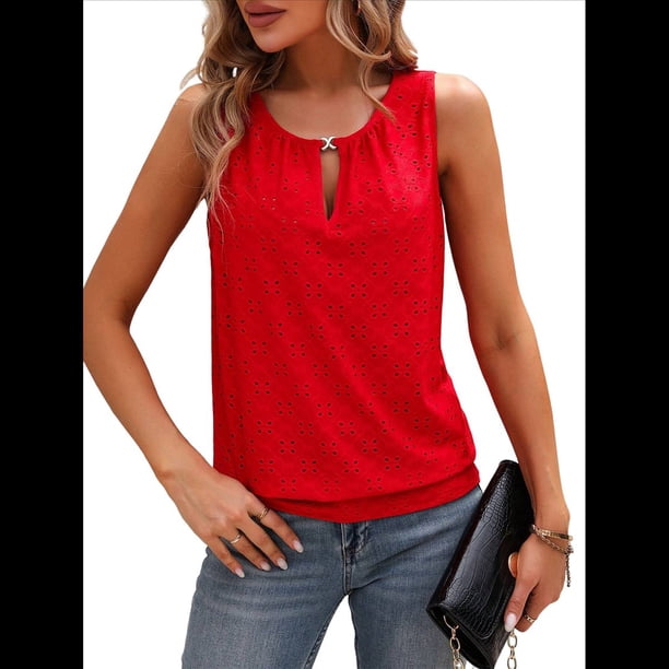 Blusas de Verano con Ojales para Mujer, Camisetas Sin Mangas con Cuello Redondo, Camisetas para Mujer Rojo M