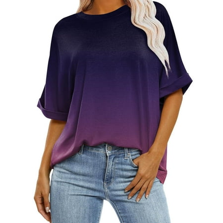 Charmgo Summer Tops for Women 2024  Gradient Graphic Tees for Women Summer Casual Oversized T Shirts Crewneck Trendy Tunic Tops Loose Blouses Clothing Womens Summer Clothes Shirts for Women Purple