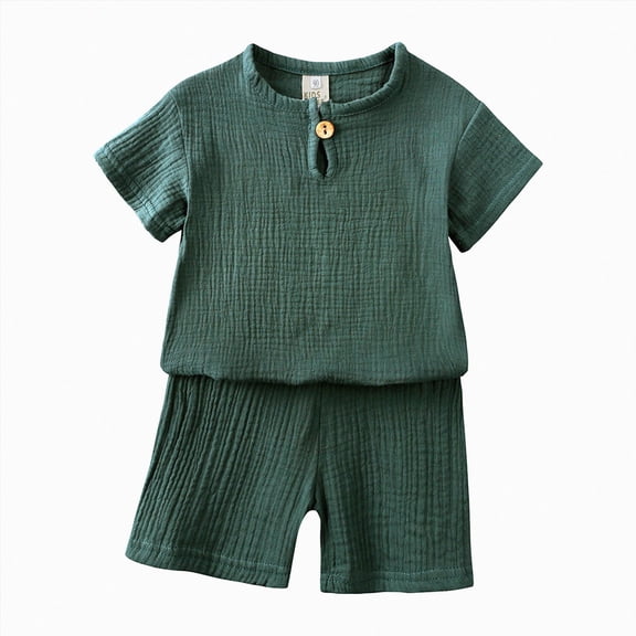 Toddler Baby Boy Summer Outfits Set Solid Muslin Gauze Short Sleeve T-Shirt and Matching Shorts Casual Toddler Outfit Size 12M-7Y