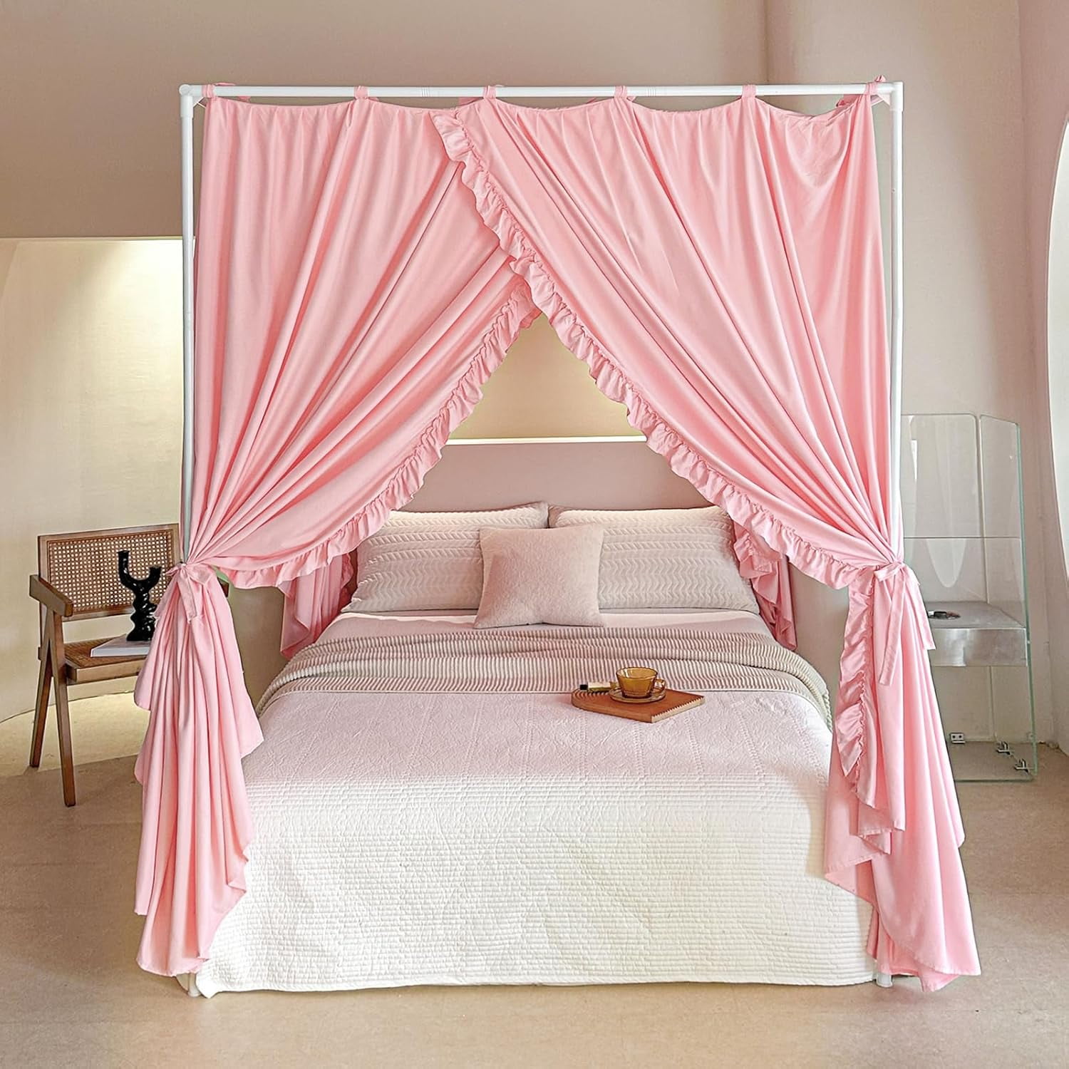 Princess Canopy Bed Curtains with Top Ties - Windproof & Lightproof for Girls' Adult Bedroom Decor | Bed Canopy Drapes (Twin,Pink)