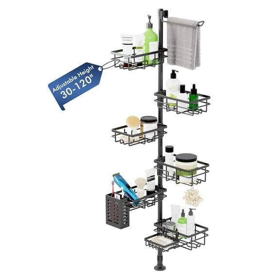 Shower Caddy Organizer Tension Pole, 6-Pack Corner Shelf with 30-120 Inch Adjustable Bath Organizer with Extra Towel Holder & Toothbrush Holder, Rust-Resistant for Tub, Kitchen, RV