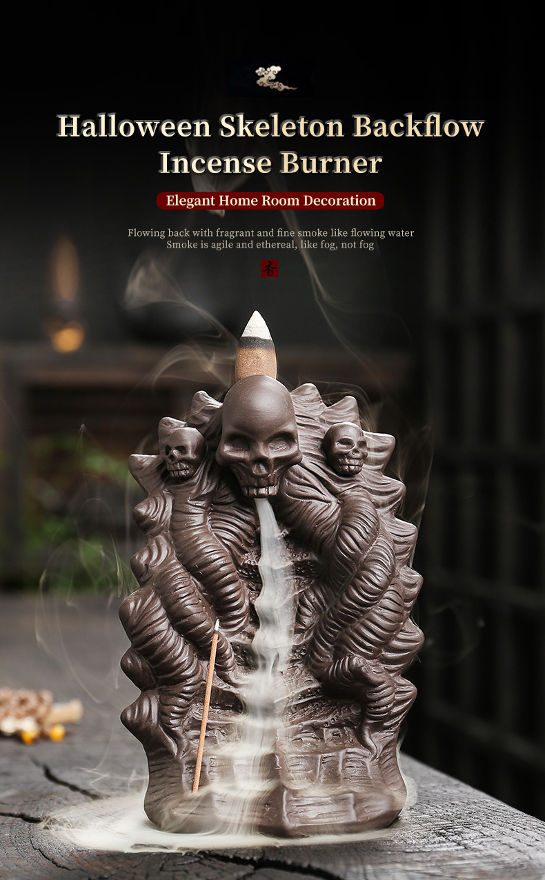 Purple Sand Handmade Incense Burner,Creative Halloween Skull Head Backflow Incense Stick Holder Aromatherapy Ornament for Yoga Spa Office Bedroom