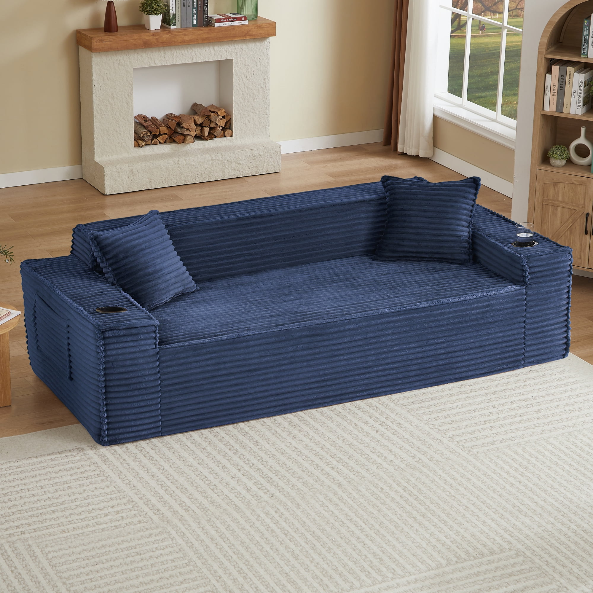 Leumius 3 Seater Cloud Sofa,Boneless Couch with Cupholders,Upholstered Corduroy Fabric Modern Loveseat with Deep Seats for Living Room Bedroom,No Assembly Needed,Blue