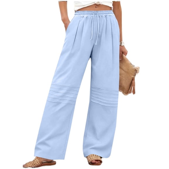 Fmbrln Linen Pants for Women with Pockets, Drawstring Elastic Waist Knee Pleated Straight Wide Leg Pants Summer Casual Loose Solid Beach Vacation Pants