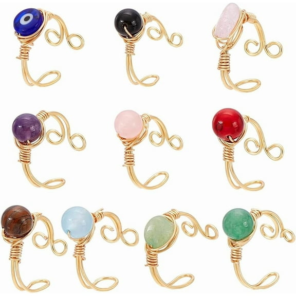 10 Styles 10Pcs Adjustable Wire Wrapped Rings Irregular Gemstone Rings Set for Women Stackable Fashion Ring Set Gem Ring Light Gold Wire Wrapped Rings 18mm Gold