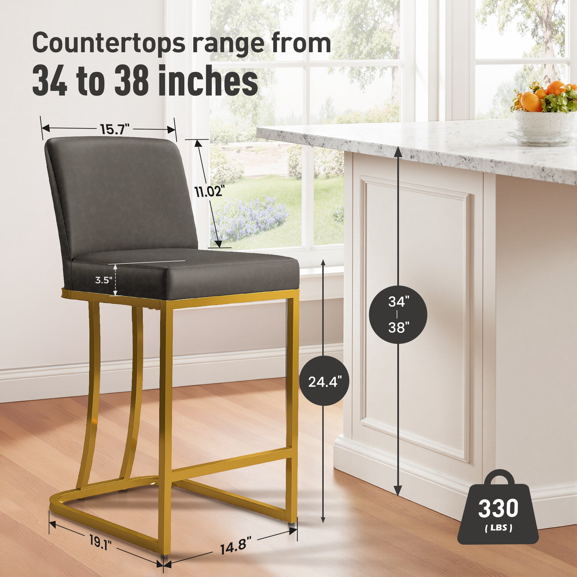 MF Studio 24" Counter Height Bar Stool with Back Set of 3, Faux Leather Bar Chair for Kitchen Island, Gold & Dark Gray
