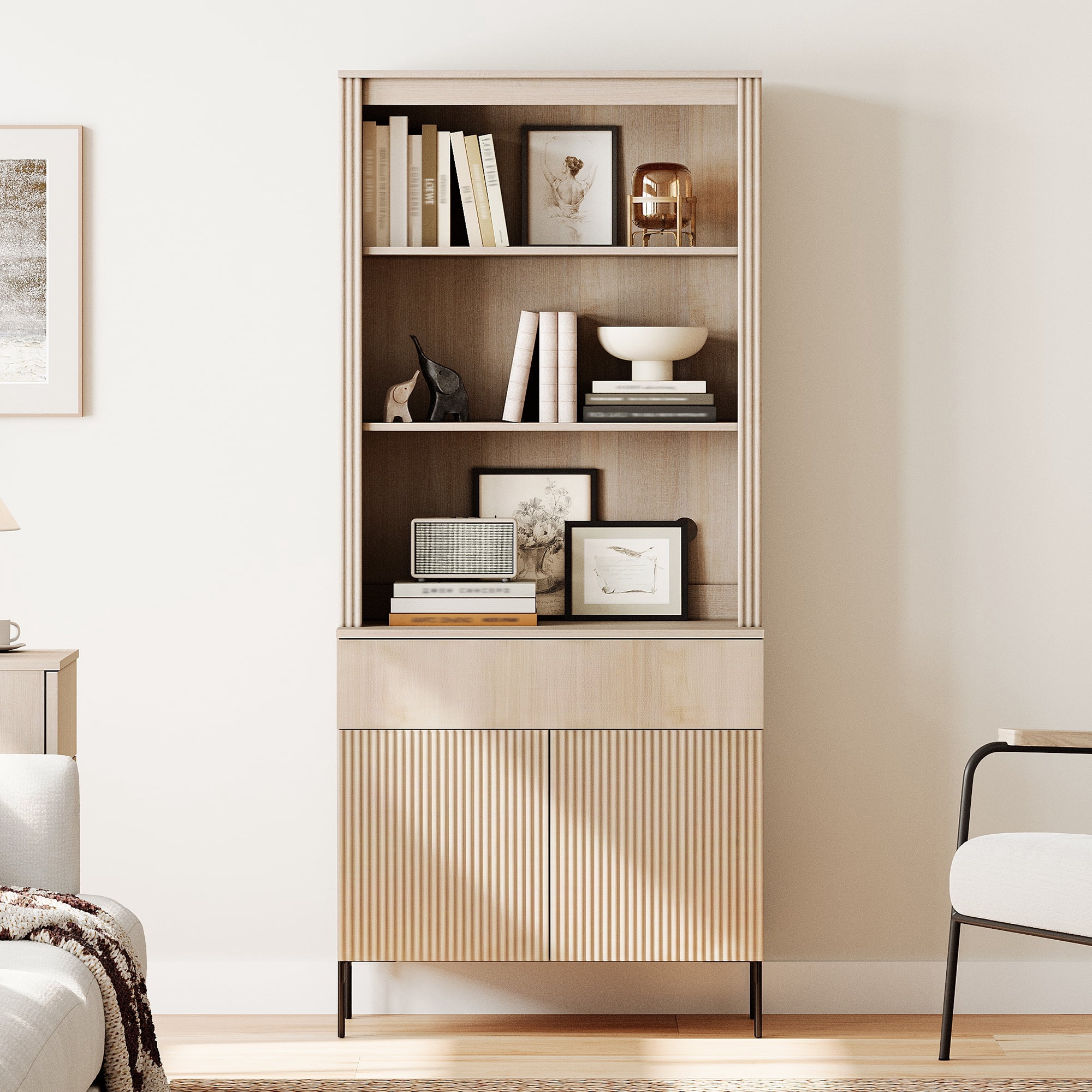71.6" Tall Modern 5 Tier Bookcase with Storage Cabinet, Wooden Display Cabinet with Fluted Doors and Drawer, Versatile Bookshelf for Living Room, Study, Office