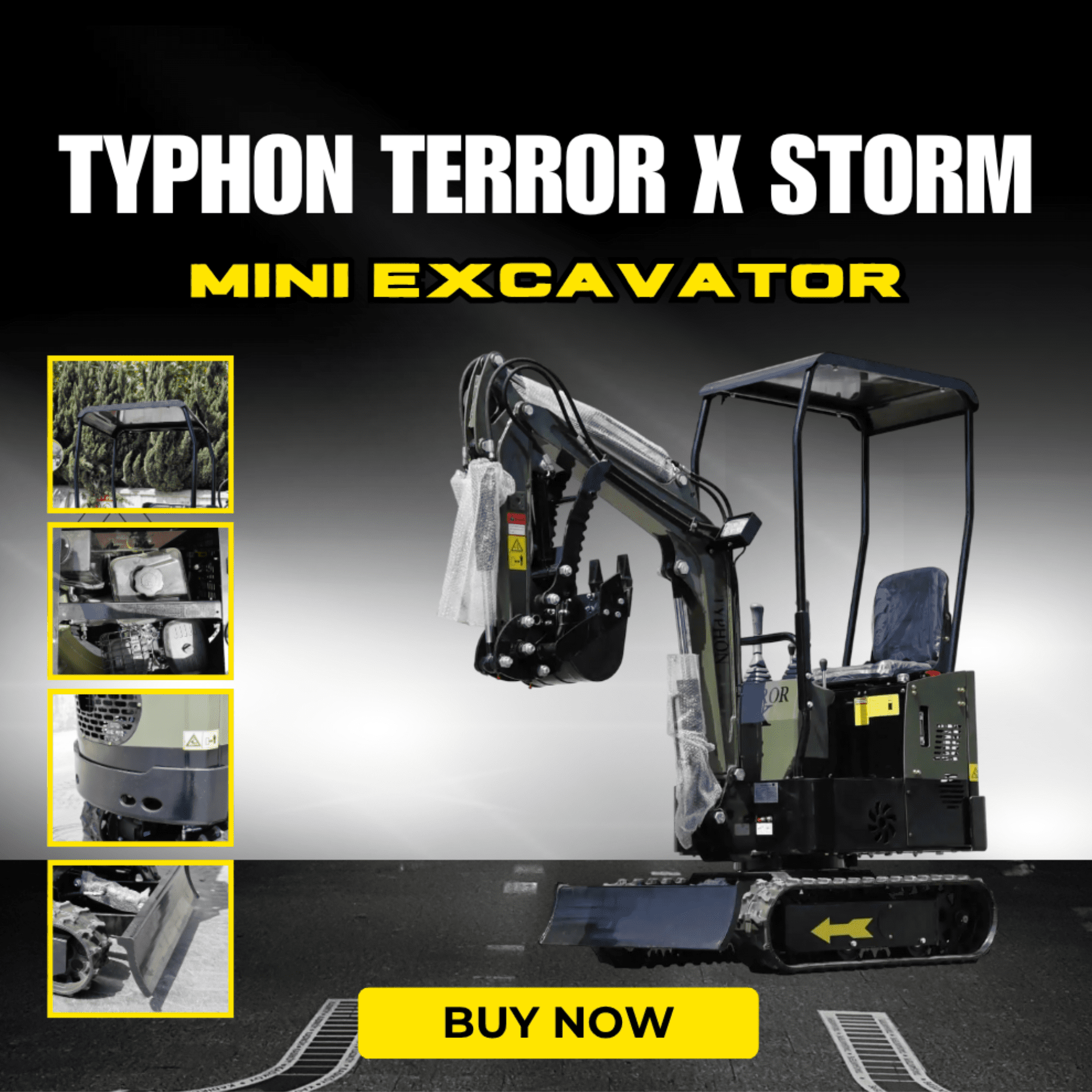 TYPHON TERROR X STORM Mini Excavator Machine – 1 Ton Trench Digger with Canopy, Hydraulic Thumb Clip, Bucket USA