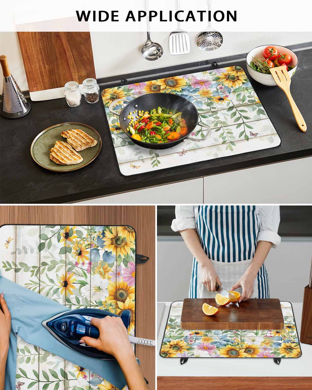 nqOlkjepod Large Induction Cooktop Protector Mat 24"x21", Sunflower Stove Top Covers for Electric Stove, Summer Botanical Pastoral Wooden Yellow Green Stove Burner Cover Mats, Glass Top Stove Cover