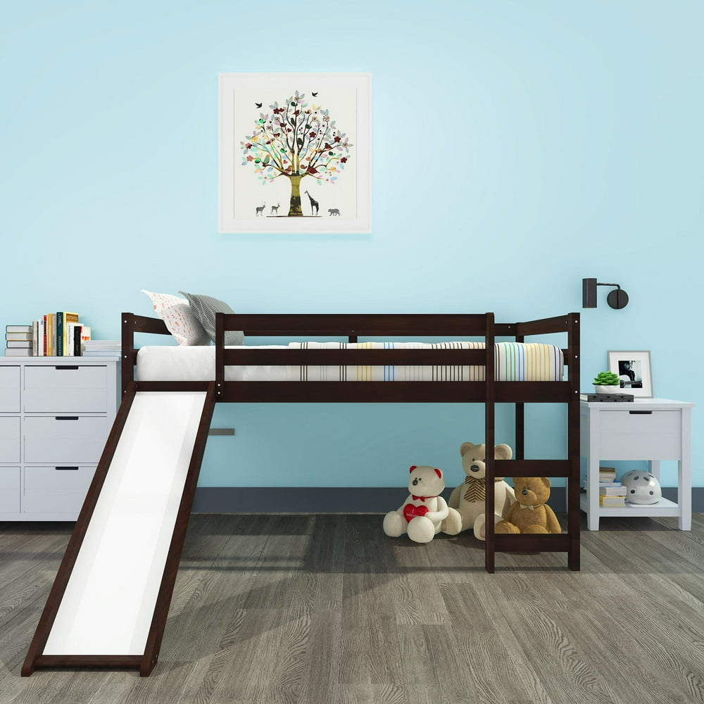 Solid Wood Twin Size Low Bunk Bed with Slide and Ladder, Mini Slide
