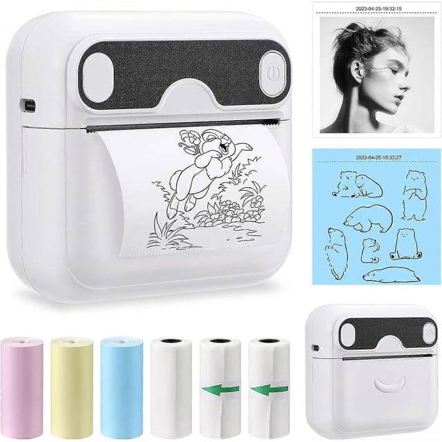 Mini Portable Thermal Printer, BT Wireless Bluetooth Instant Inkless Printer with 6 Paper Rolls, Printer for Photos Label List