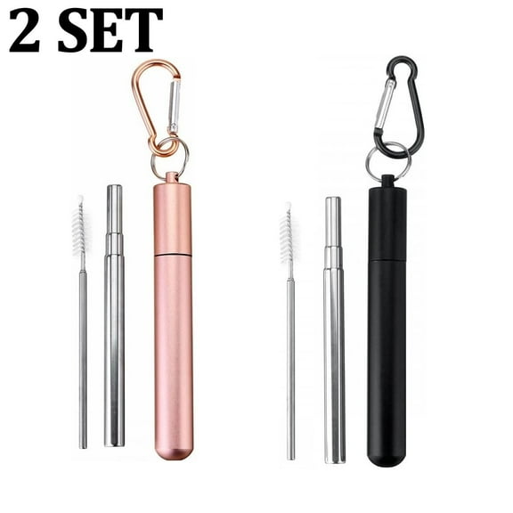 2 sets Reusable Collapsible Straw with Case & Brush Retractable Stainless Steel Metal Drinking Straws (Black Rose Gold)