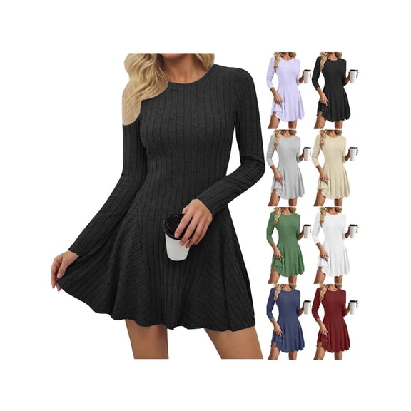 ZUBMGKTE Women's Fall Casual Long Sleeve Short Dress | Soft Ribbed Knit, Crewneck Sweater Dresses, A Line Flowy, Above Knee Length, Going Out Holiday Outfits, Fashion Clothing