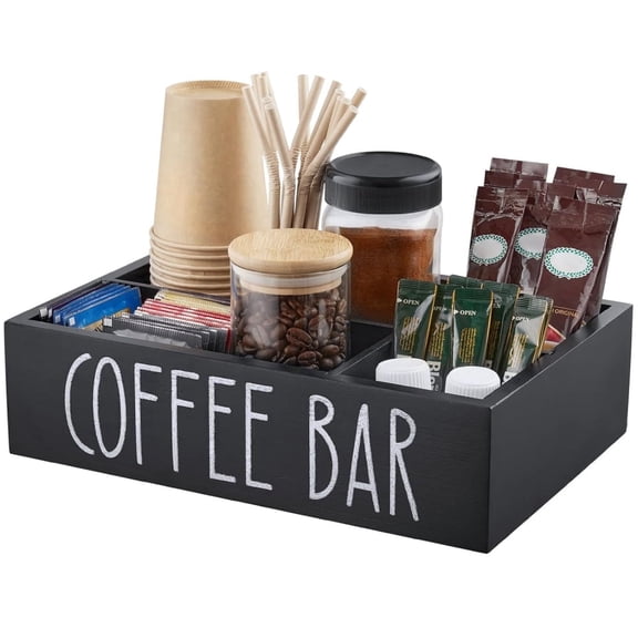 Wood Coffee Station Organizer with Removable Dividers, Countertop Coffee Bar Storage Caddy for Coffee Pods, Tea Bags, Cups, Syrup, Stirrers & Condiments, Farmhouse Kitchen Decor