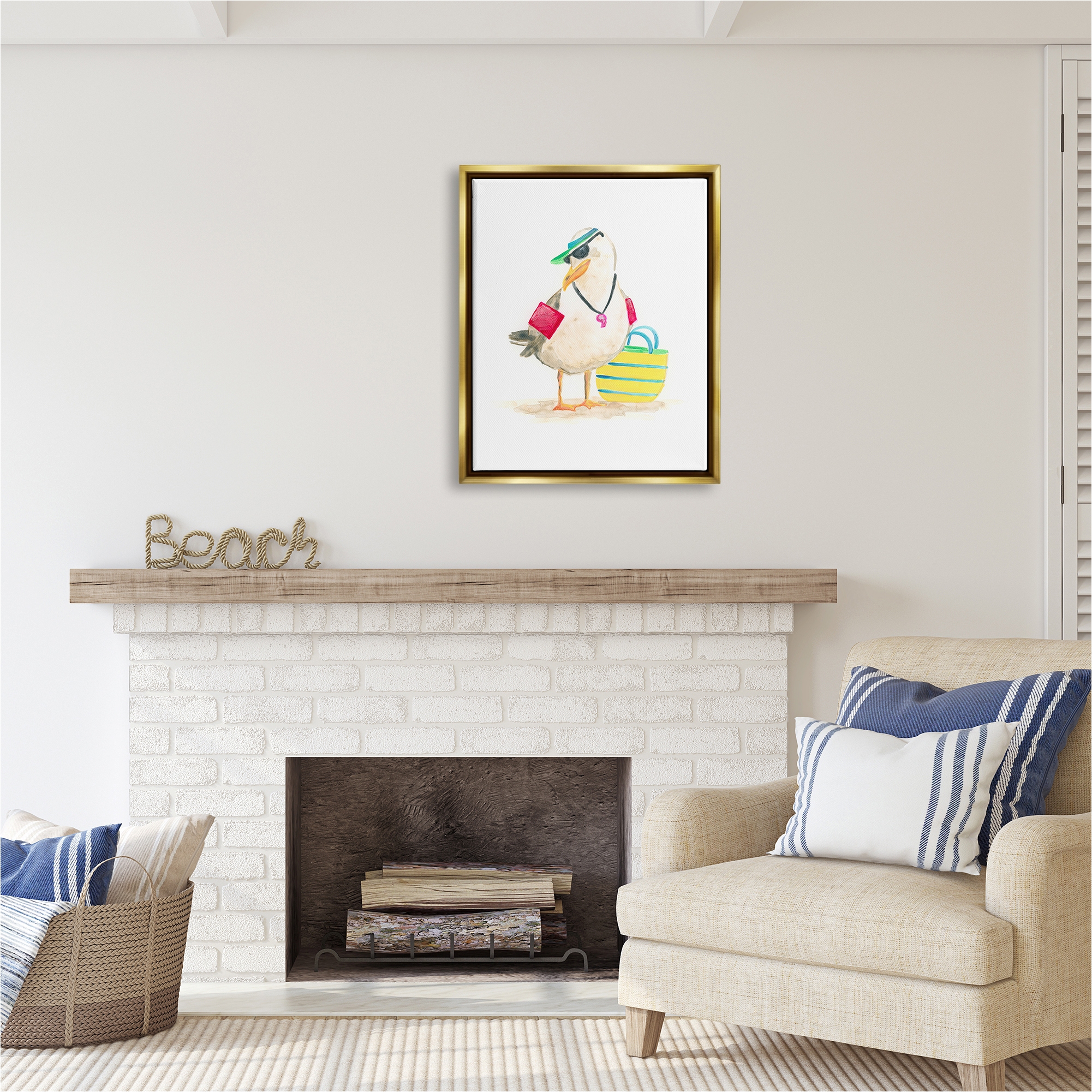 Stupell Industries Beach Lifeguard Seagull Animals & Insects Painting Gold Floater Framed Canvas Art Print Wall Art, 25 x 31