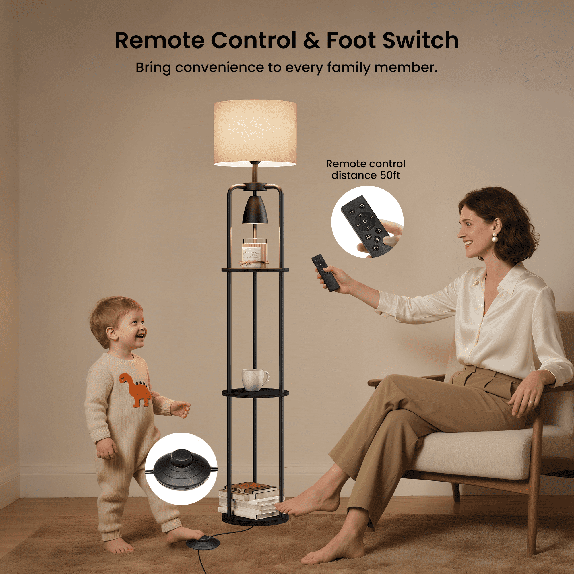 HadinEEon Floor Lamp with Candle Lamp Warmer, 2 in 1 Modern Floor Lamp with Shelves for Living Room Bedroom