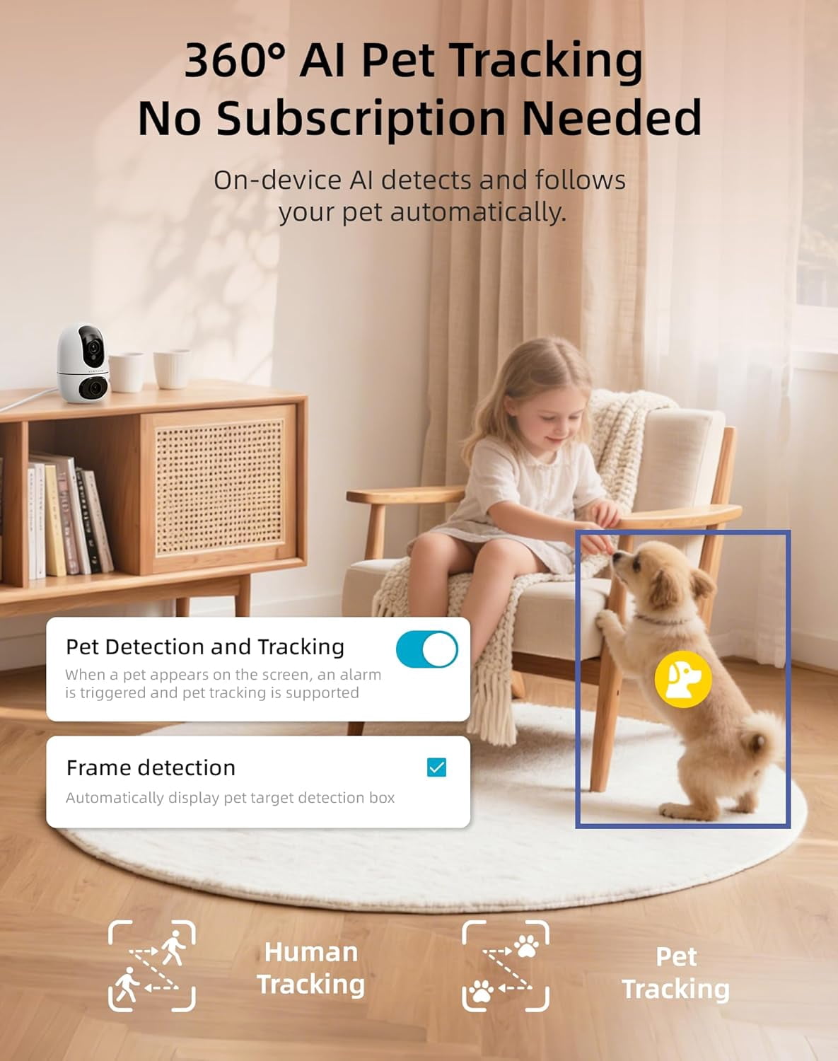 virtavo Pet Camera for Dogs & Cats, Indoor Security Camera with 360° PTZ, Smart Motion Tracking, 2‑Way Audio, Night Vision, Dual‑Lens Two Views in One, No Monthly Fee, 2.4GHz WiFi
