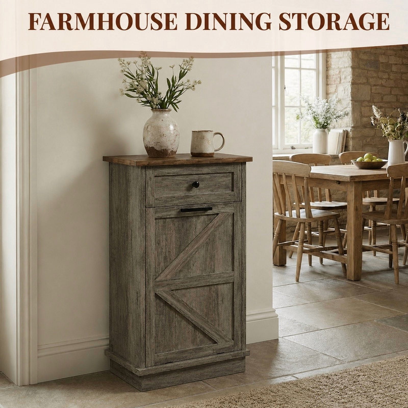 20''W Tilt Out Trash Can Storage Cabinet with A Drawer, Farmhouse Small Kitchen Island with 10-Gallon Trash Hidden Cabinet