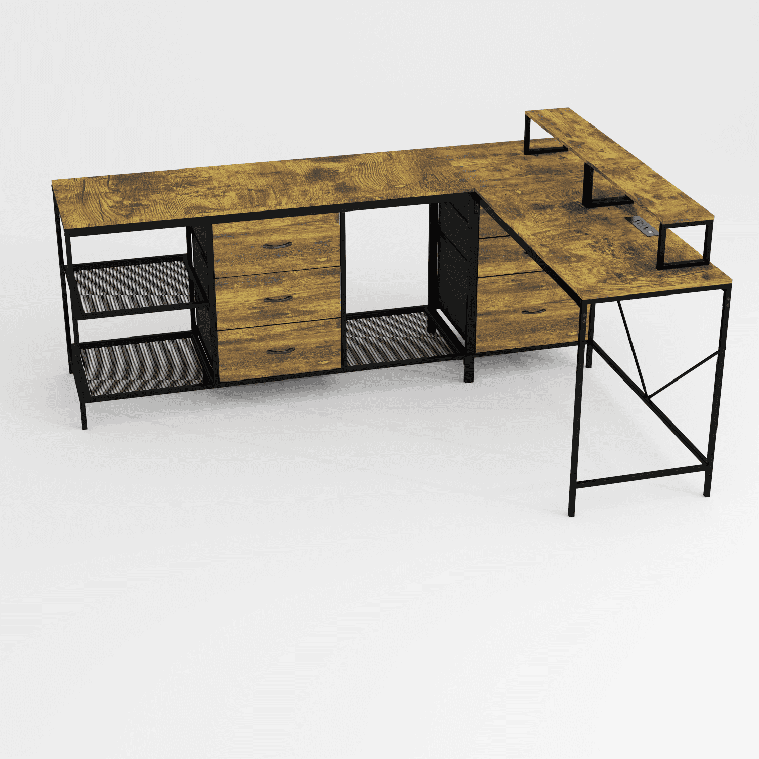Lisonu 114" L-Shaped Desk with Power Outlets & USB-C, Industrial Corner Computer Desk with 6 Drawers & Movable Monitor Stands, Rustic Brown