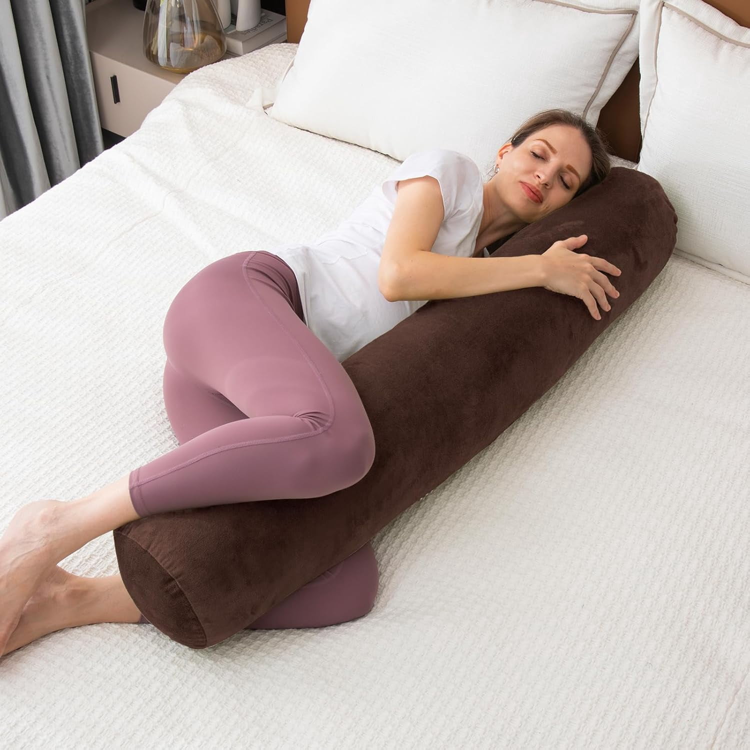 Bolster Pillow for Bed, Long Round Body Pillow for Adults with Removable Velvet Cover, Decorative Tube Roll Cylinder Pillow,