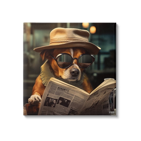 Stupell Industries Dog Reading Newspaper Animals & Insects Painting Gallery Wrapped Canvas Art Print Wall Art, 17 x 17