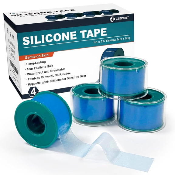 Ceeport Soft Silicone Tape for Skin, 1" x 5.46 Yards, 4 Rolls Medical Adhesive Silicone Skin Tape, Easy to Tear Pre-Cut Waterproof Surgical Tape for First Aid, Wound, Bandage and Sensitive Skin