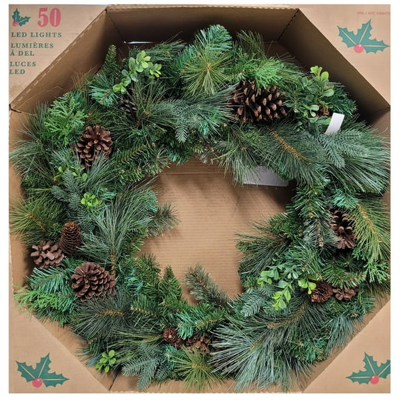 Pre-Lit Battery Operated 32-Inch Artificial Wreath with Dual Color LED Lights and Greenery