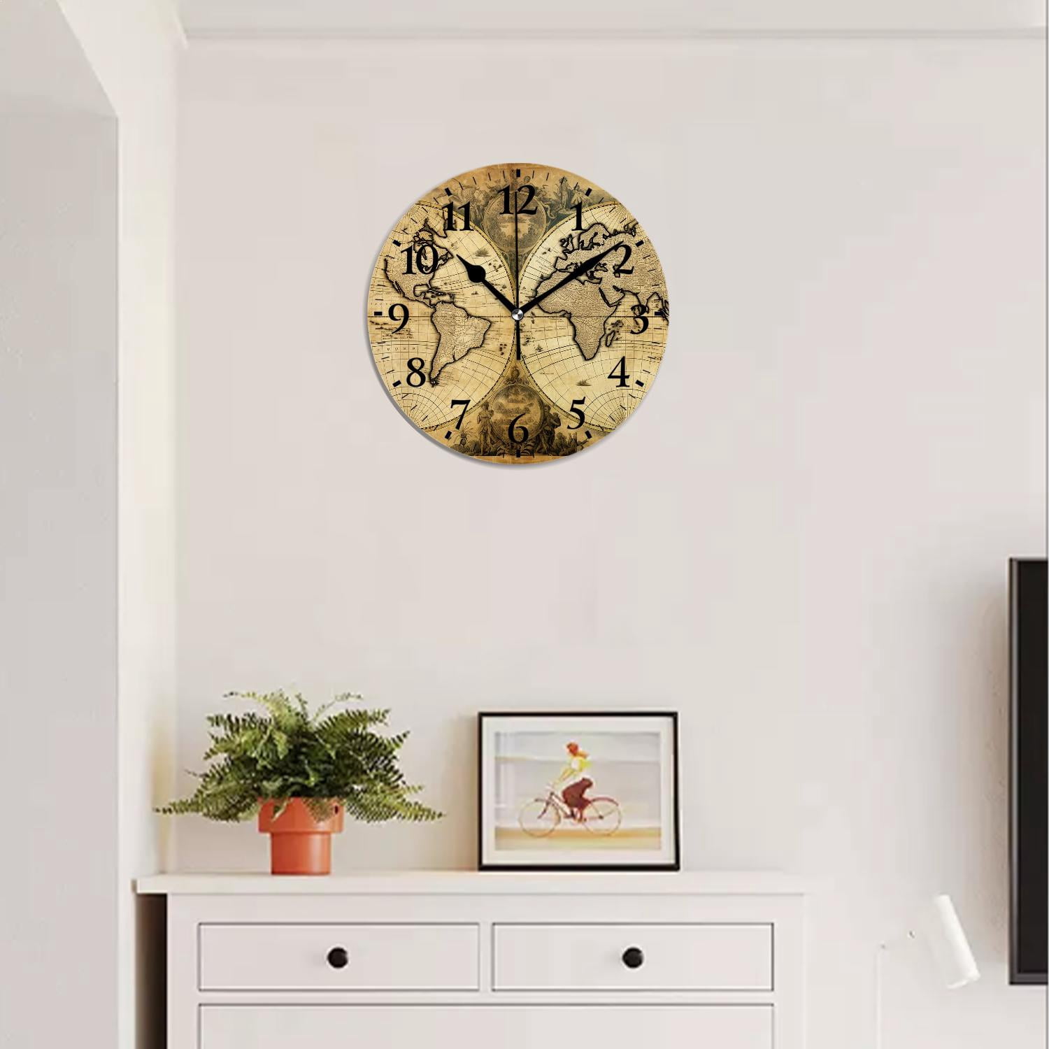 12 Inch Wall Clock Battery Operated Silent Clock Decorative for Office, Kitchen, Outdoor, Living Room，Retro World Map