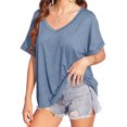 thumbnail image 6 of Summer Rolled Short Sleeve Women V-neck Solid Color Casual Loose T-shirt Tops, 6 of 7