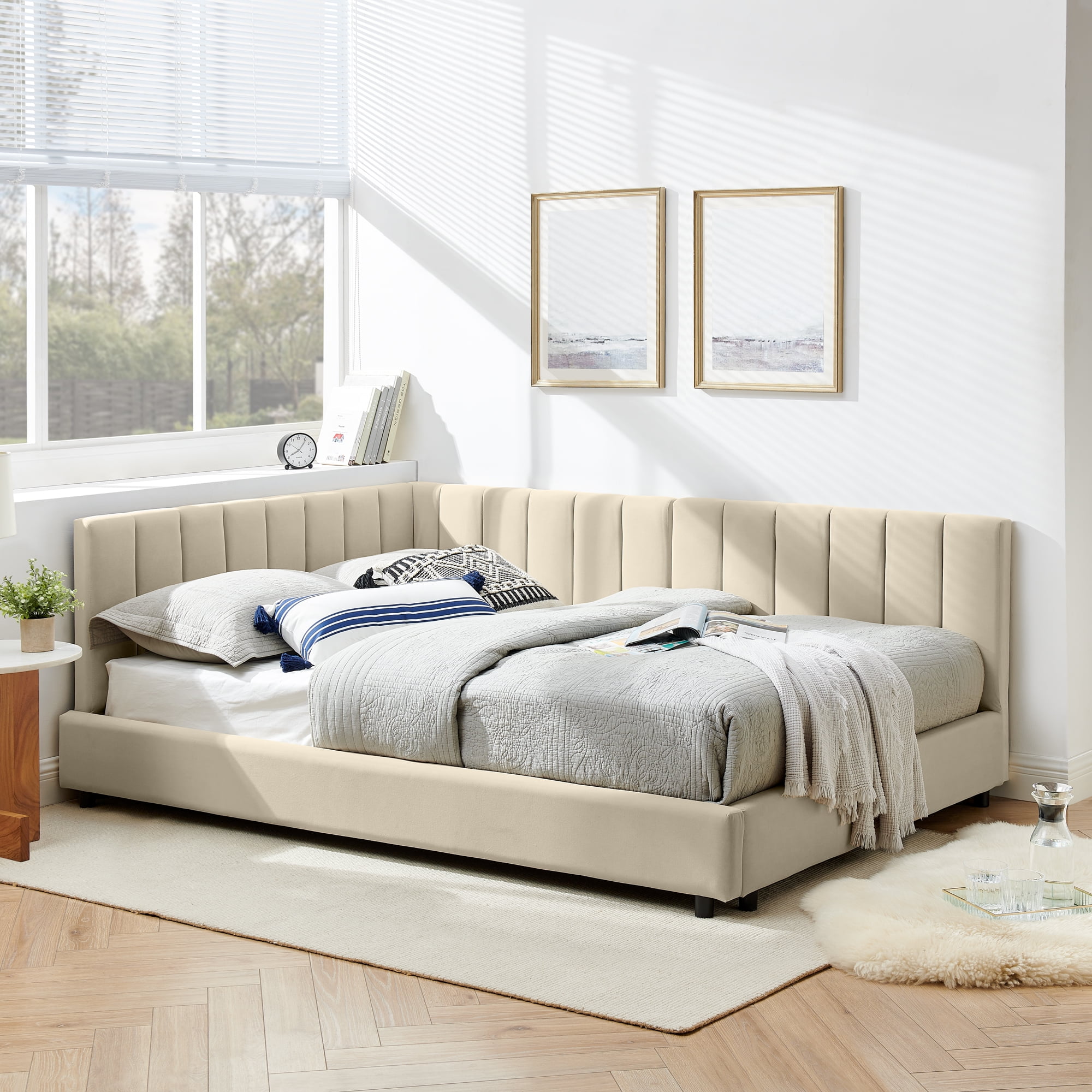 Gewnee Multifunctional Full Size Daybed Sofa - Eucalyptus Wood Frame Velvet Upholstered with Backrest  for Bedroom/Living Room, Beige
