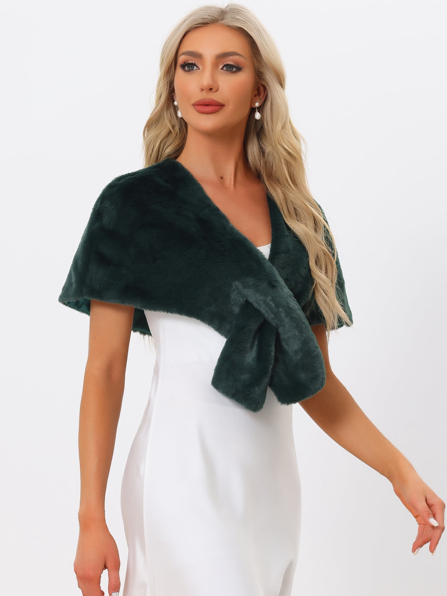 DARING DIVA Women's Faux Fur Shawl Stole Winter Wedding Wrap XS Dark Green
