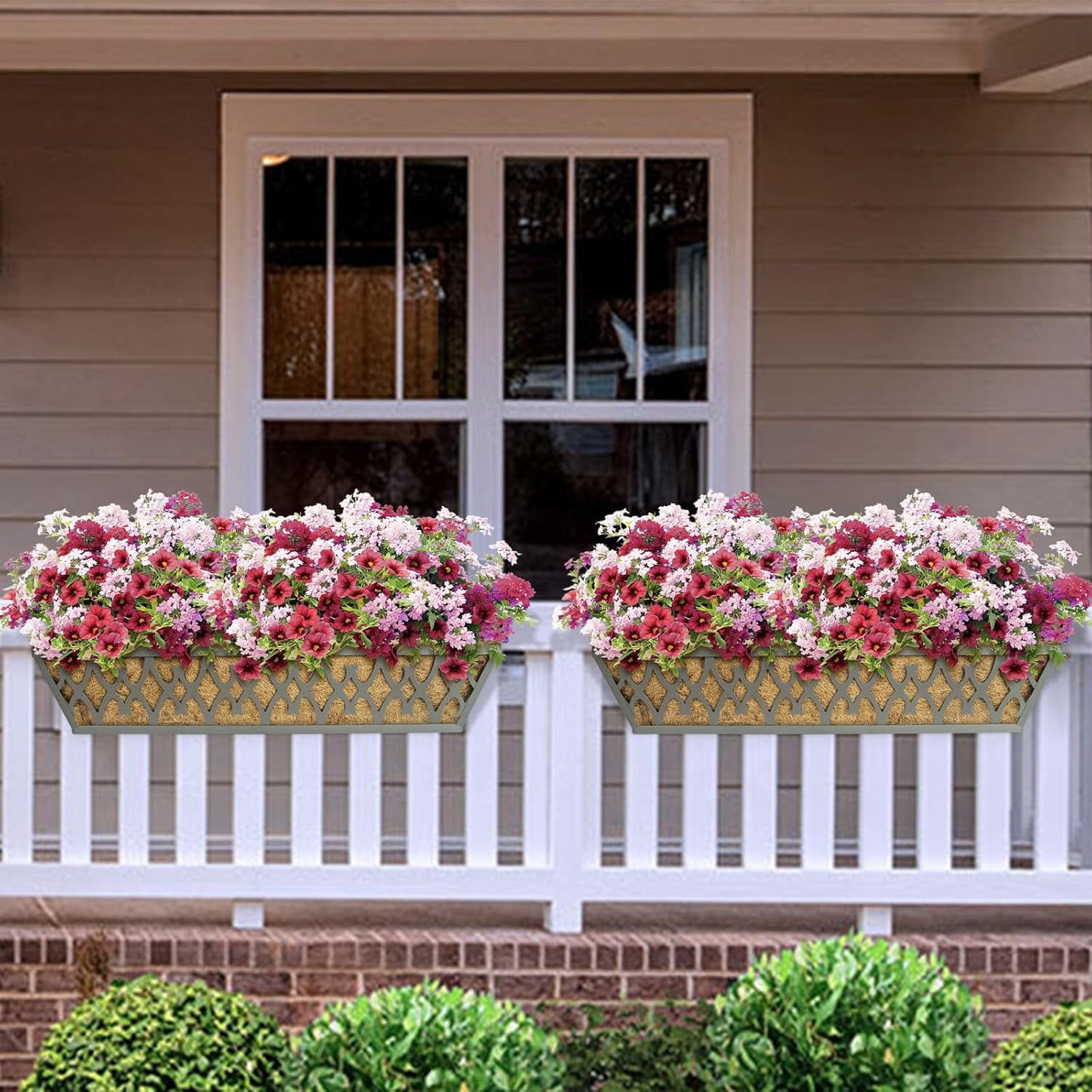 2 Pack 24 Inch Window Boxes Planters Railing Planter Box with Adjustable Brackets for Porch Fence Patio Balcony Hanging Flower Baskets with Coco Liners for Outdoor Garden Décor - Black