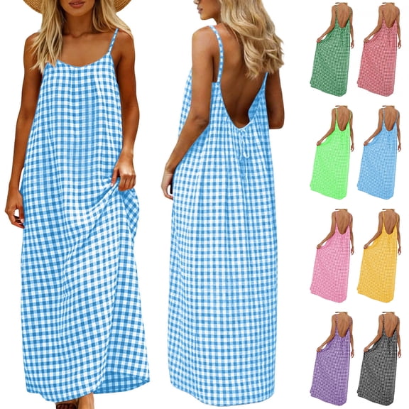 NSLGXD Plus Size Summer Dresses for Women Cotton Linen Plaid Sleeveless Sundress Casual Backless Vacation Beach Maxi Dresses Sky Blue Dress,Size S-3XL