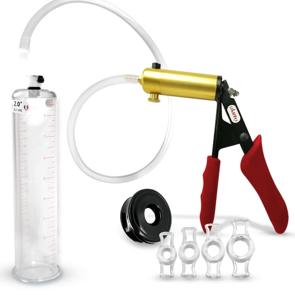LeLuv Ultima Penis Pump, Brass w/ Red Handle, Silicone Grip, Clear Hose | TPR Seal, 4 Cock Rings | 9" x 2.00" Cylinder