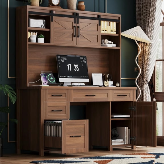 61" Farmhouse Executive Desk with Hutch & Charging Station, Computer Desk with 2 Sliding Barn Doors, 5 Drawers & Adjustable Shelf Storage Cabinet, Home Office Workstation, Brown