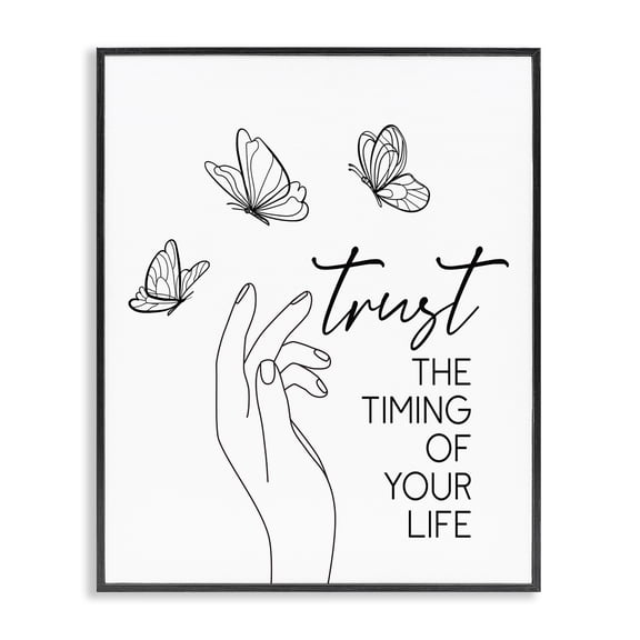 Stupell Industries Eclectic Trust the Timing Life Motivational Phrase Minimal Butterflies Black Framed Giclee Art, 11 x 14, by JJ Design House LLC