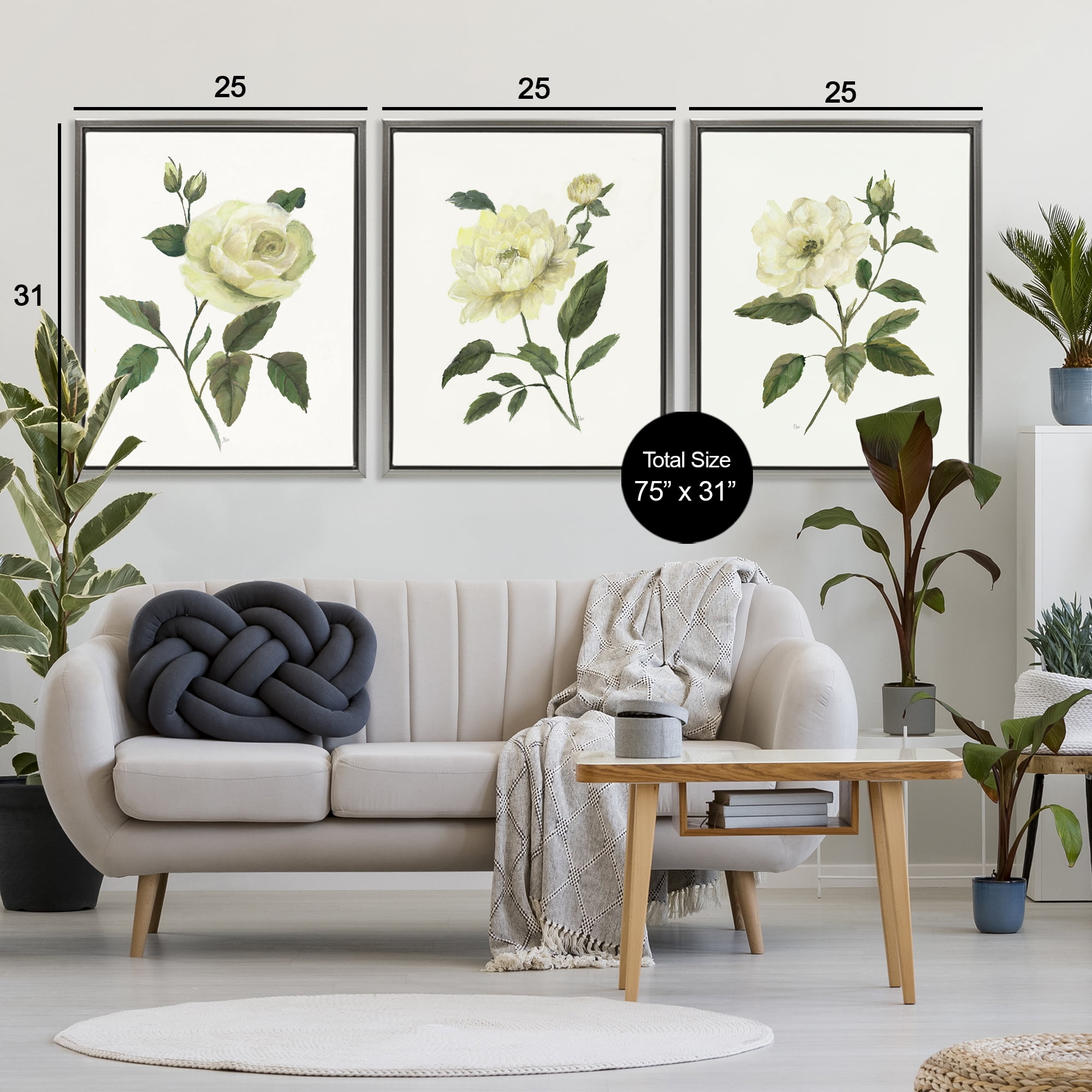 Stupell Industries Ivory Budding Garden Flowers 3 Piece Gray Framed Floater Canvas Set, design by Nan