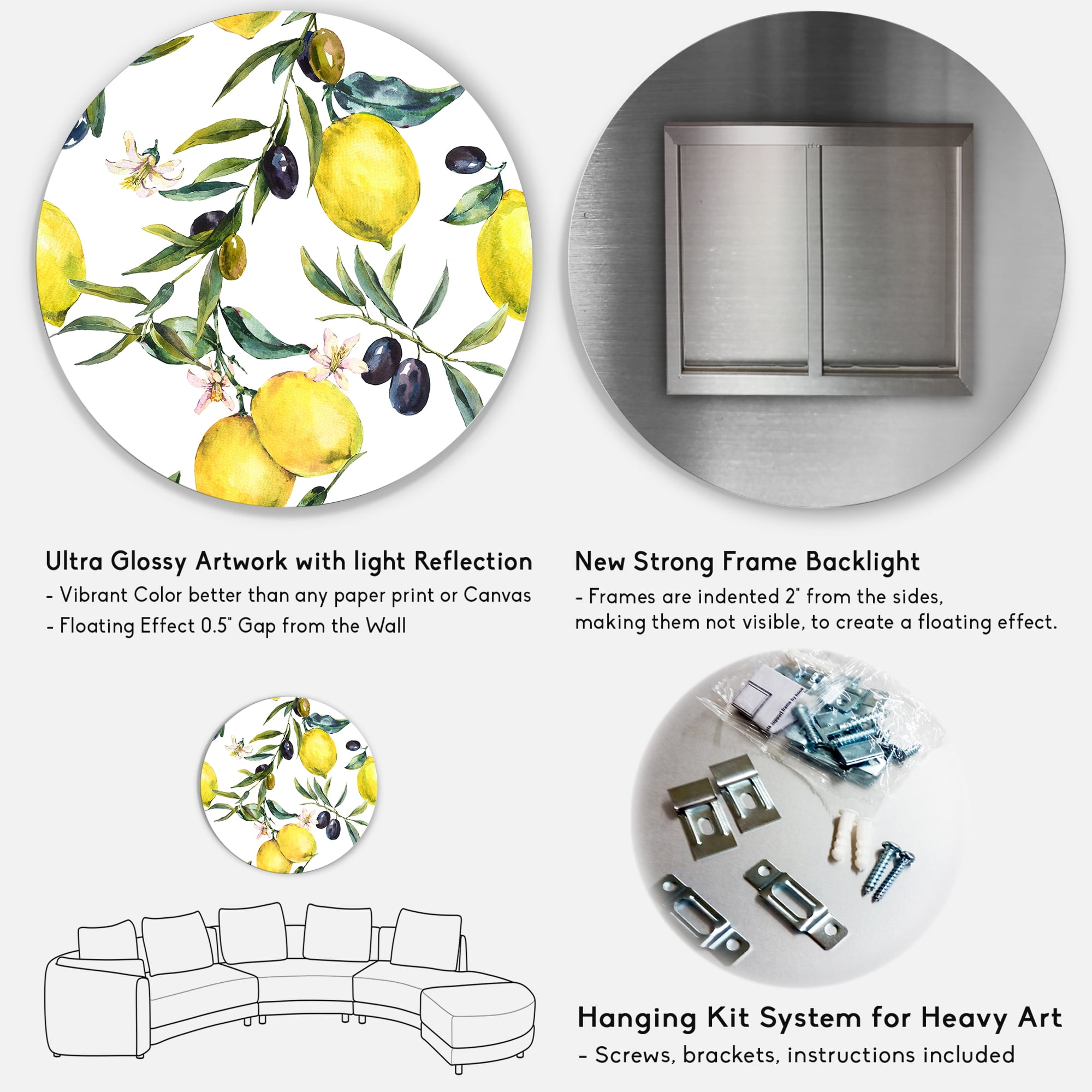 Designart 'Olive and Lemon Branches II' Tropical Circle Metal Wall Art 11x11 - Disc of 11