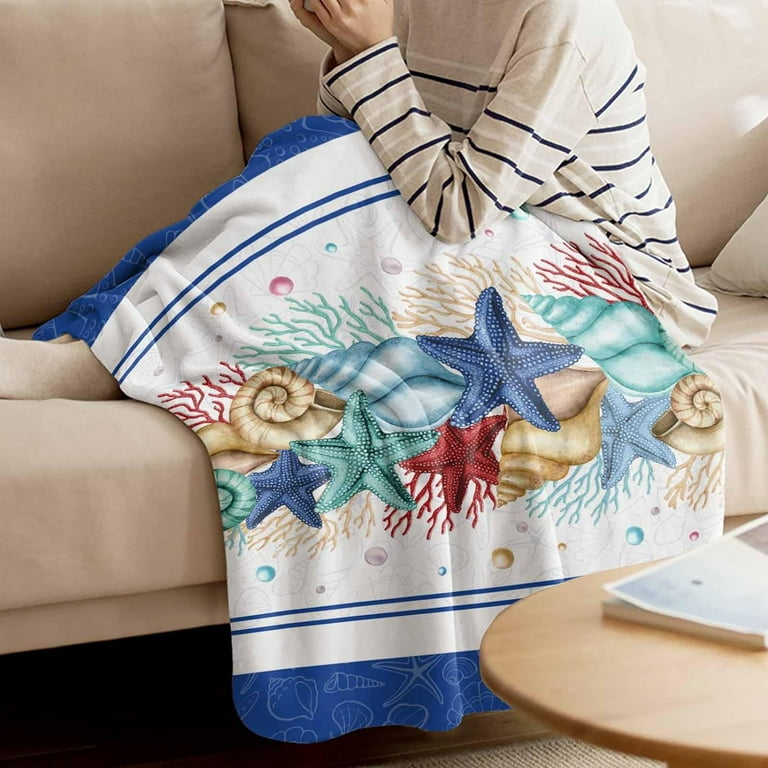 Coastal Beach Throw Blankets Nautical Ocean Seashell Coral Starfish Soft Fleece Blanket Decorative for Home Sofa Couch Chair Living Bedroom 50x60