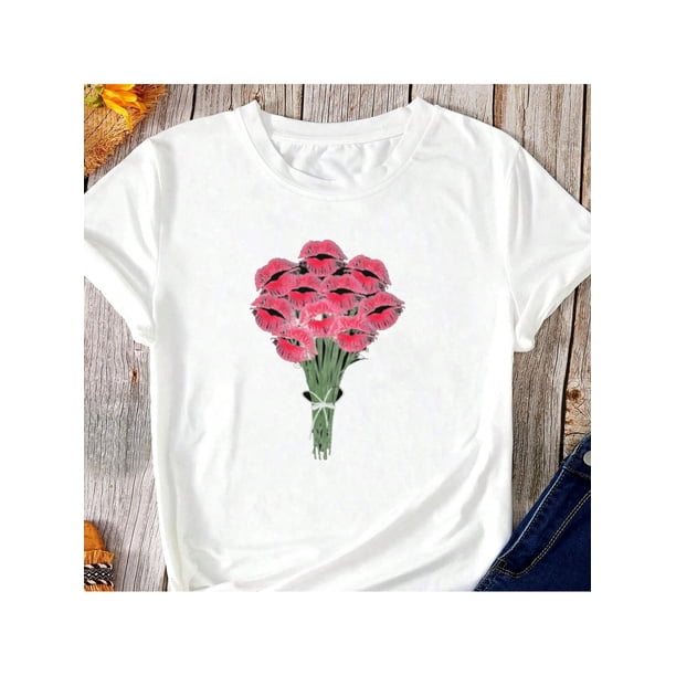 Valentine's Day Flower Print T-Shirt For Men And Women Round Neck Cotton Short Sleeve Sports T-Shirt For All Seasons