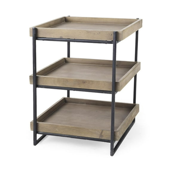 Trey III Square Brown Wooden Black Iron Frame End Table (Set of 2)