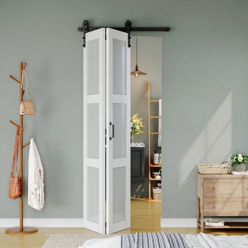 Easy4Home 30"x84" Bifold Barn Door Frosted Glass Design with Hardware and Track Kit