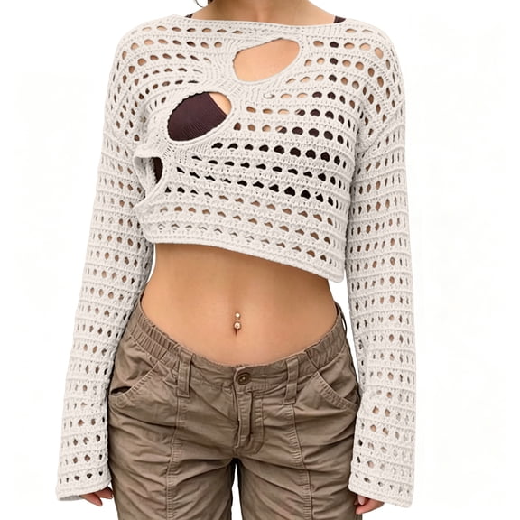 JULMCOMO Crochet Beach Cover Ups for Women Hollow Out Mesh Knit Summer Crop Tops Long Sleeve Cutout Bikini Cover Ups for Swimwear Beige M