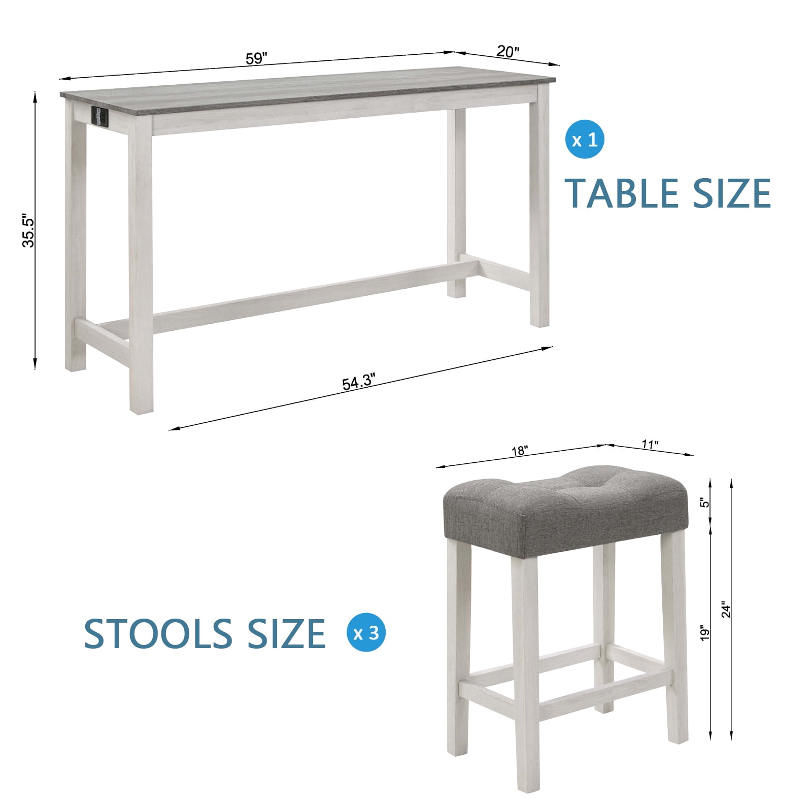 Gewnee 4 Piece Bar Table Set with Power Outlet,Counter Height Pub Table with Padded Stools,Behind Couch Table for Living Room,Dining Room.White & Gray