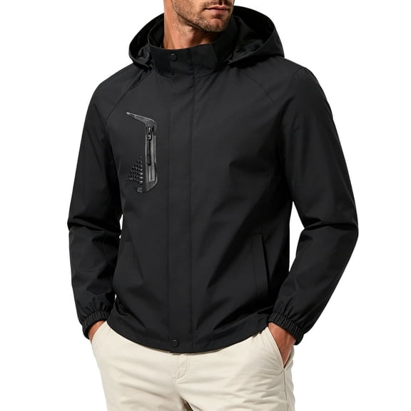Rrxhxhs Raincoat for Men Color Block Detachable Hood Long Sleeve Elastic Cuffs Water Resistant Hooded Windbreaker Jacket with Zipper Pockets,Black,L