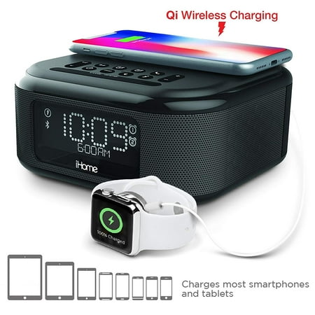 iHome Dual Alarm Clock Bluetooth Speaker with Qi Wireless Charging & USB Charge Port (Black)