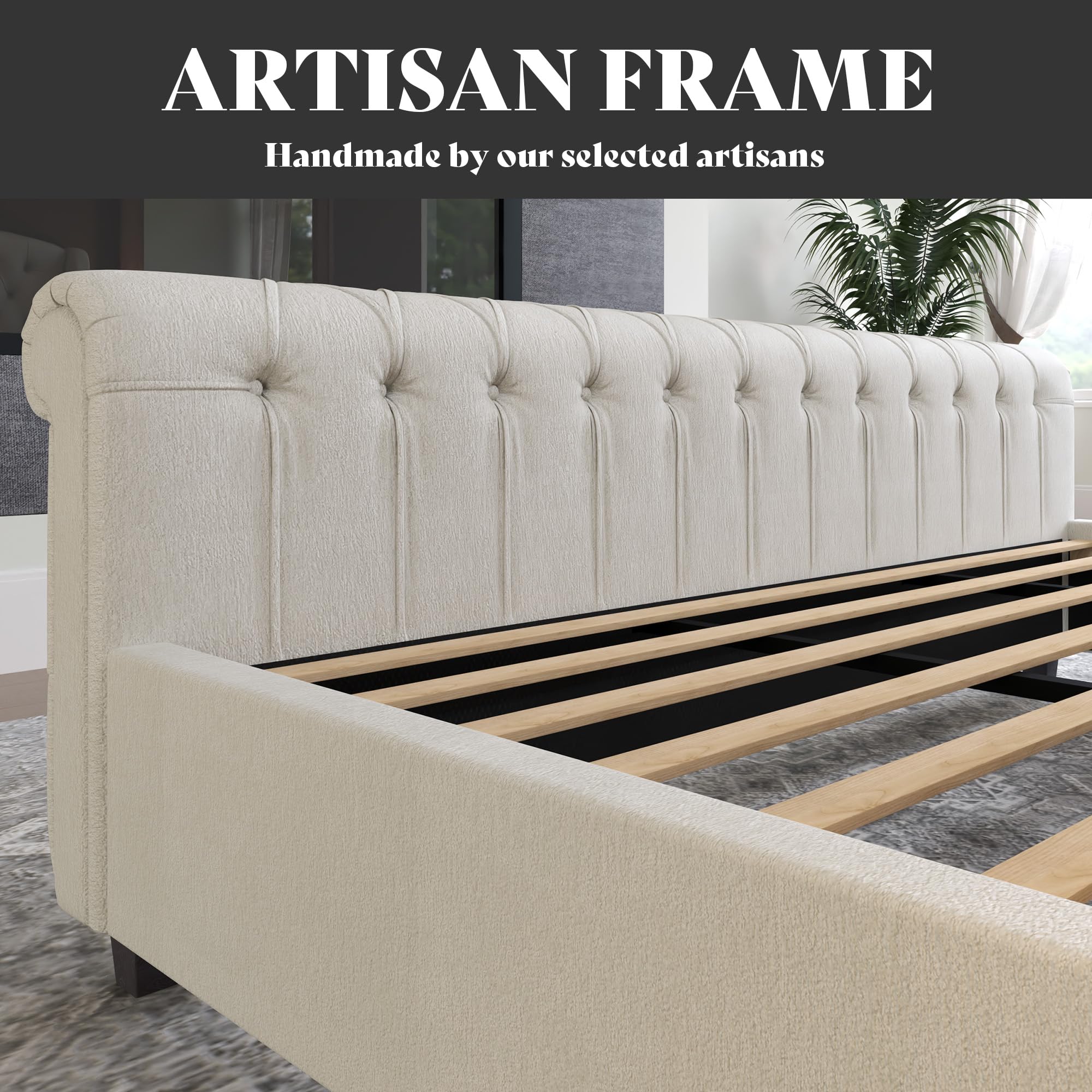 VanAcc California King Size Platform Bed Frame, Velvet Upholstered Sleigh Bed with Scroll Wingback Headboard & Footboard/Button Tufted, Cream