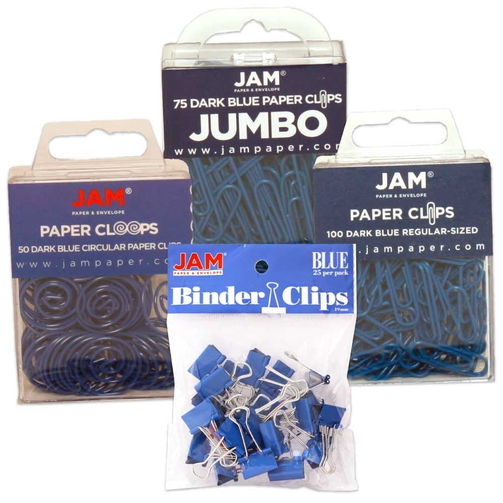 JAM Office Clip Assortment, Blue, 4/Pack, 1 Binder Clips, 1 Round Paper