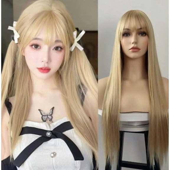 Long Straight Beige Wig Soft Air Bangs Natural Look Synthetic Hair for Women