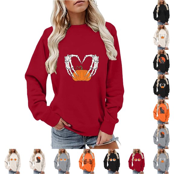 SIYUDAN Halloween Sweatshirts for Women Long Sleeve Crewneck Pullover Black Cat Sweatshirt Halloween Graphic Red Crewneck Sweatshirt Tee Tops for Featival M